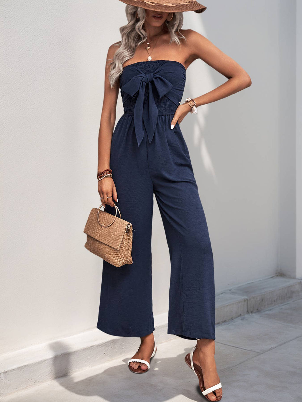 Strapless Smocked Bow Front Wide Leg Jumpsuit