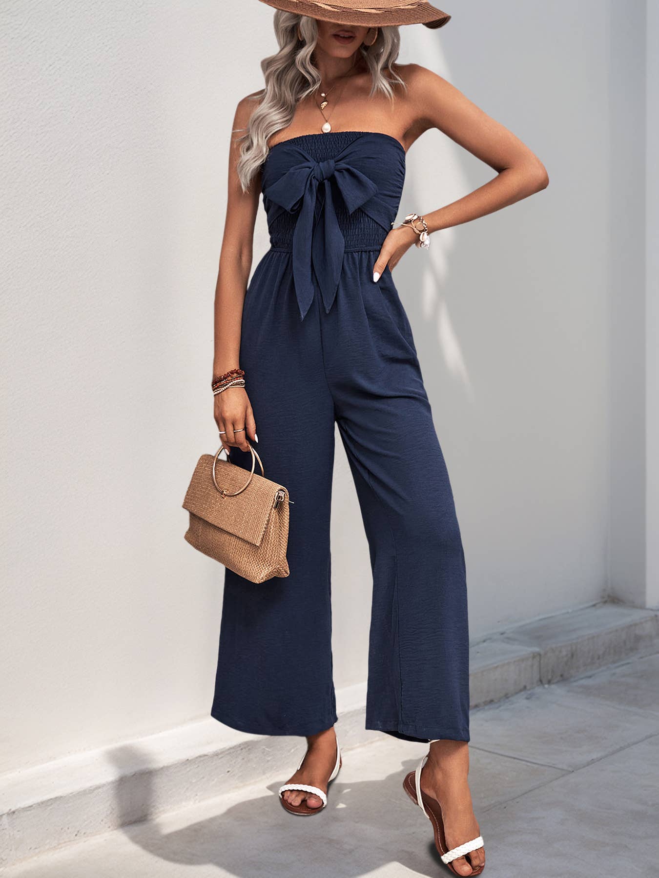 Strapless Smocked Bow Front Wide Leg Jumpsuit