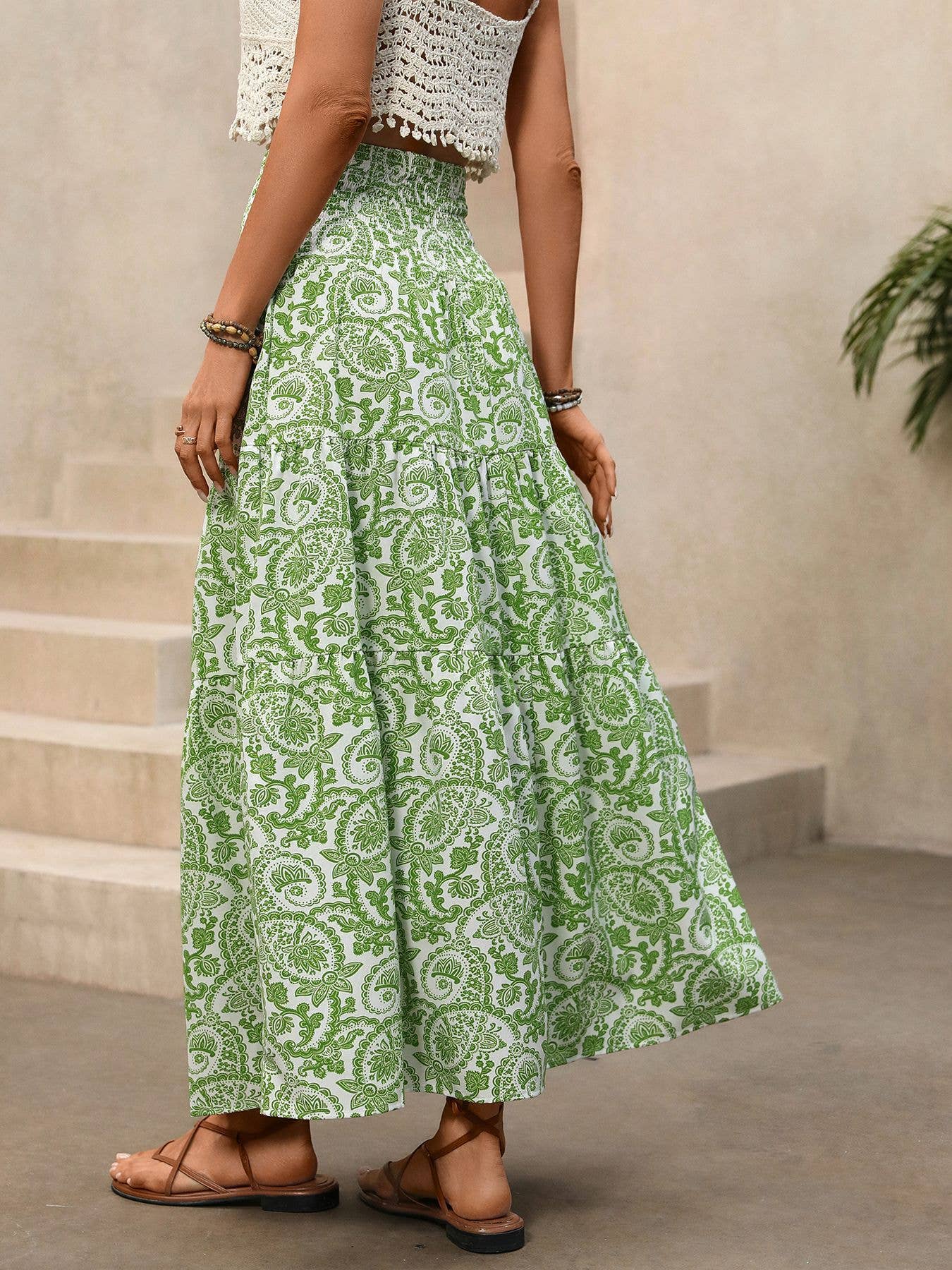 Paisley Print Smocked Waist Maxi Skirt