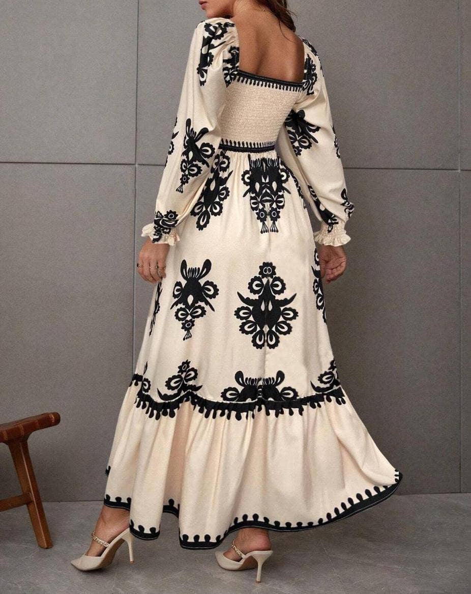 Smocked Bodice Square Neck Floral Print Maxi Dress