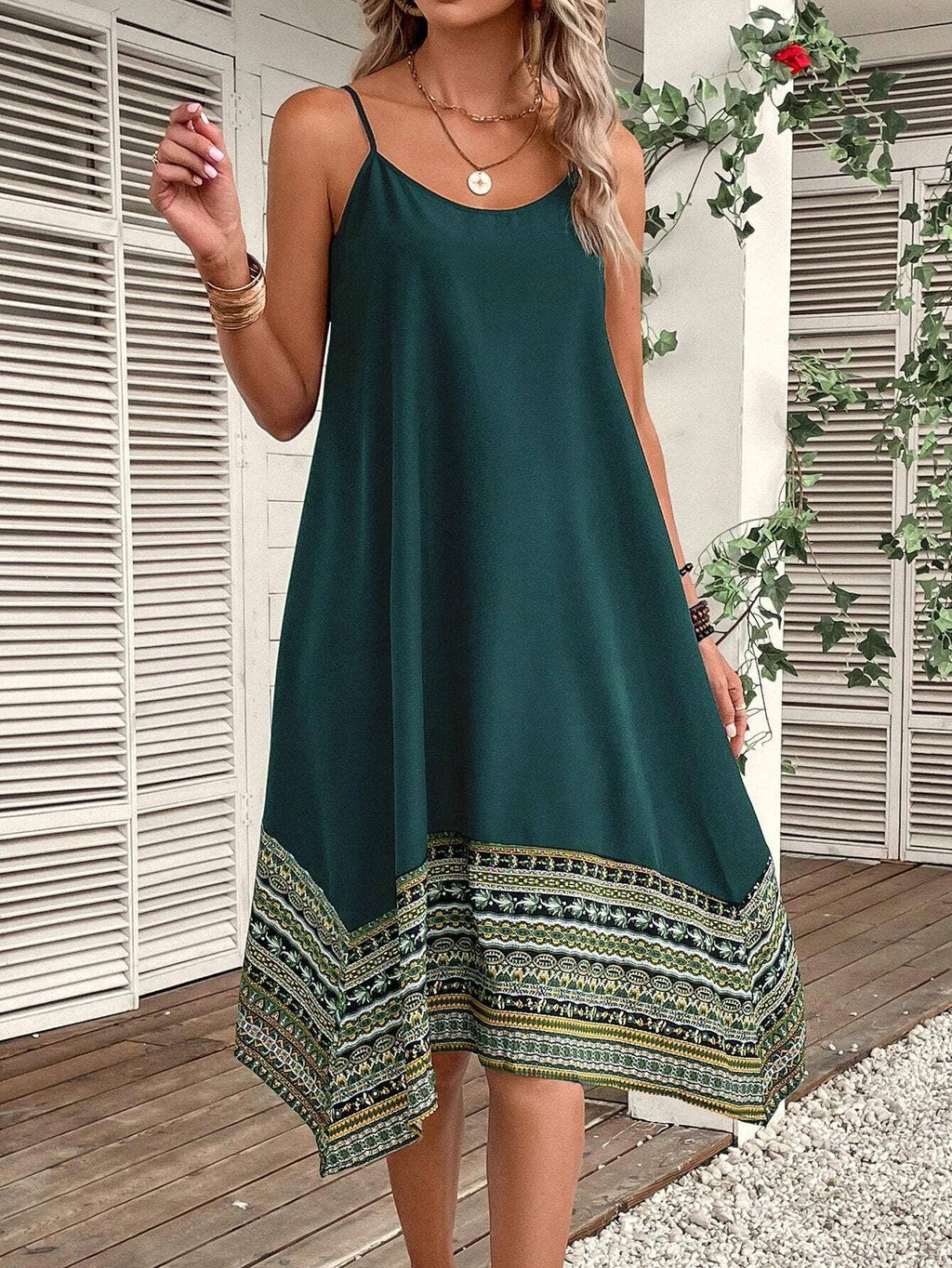 Spaghetti Strap A Line Midi Dress with Printed Border Hem