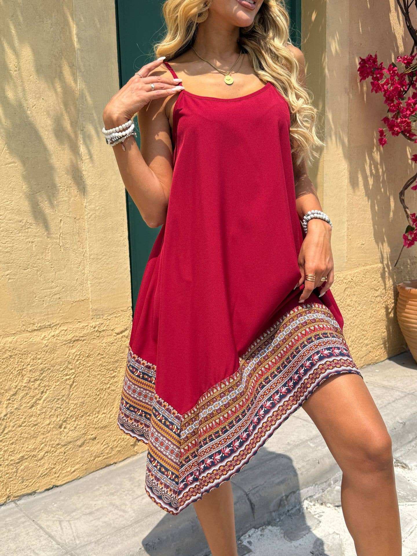 Spaghetti Strap A Line Midi Dress with Printed Border Hem