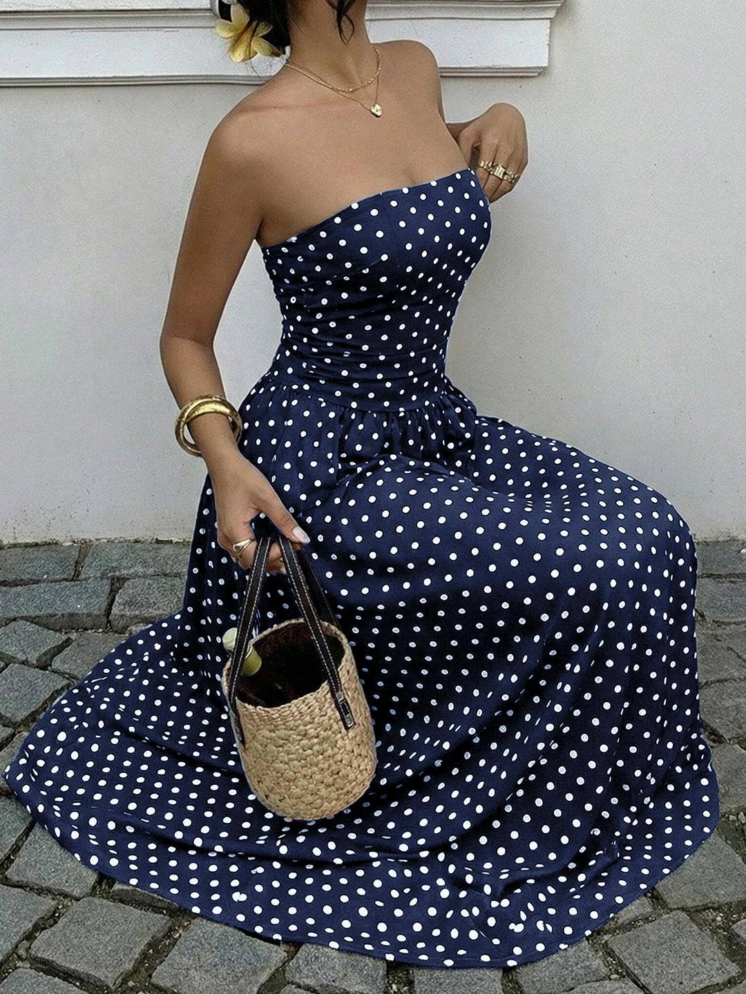 Strapless Polka Dot Maxi Dress