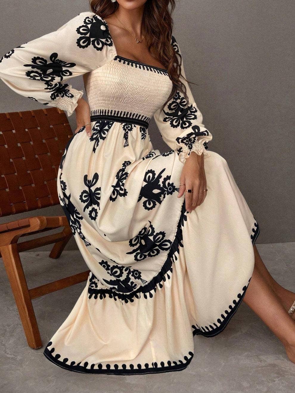 Smocked Bodice Square Neck Floral Print Maxi Dress
