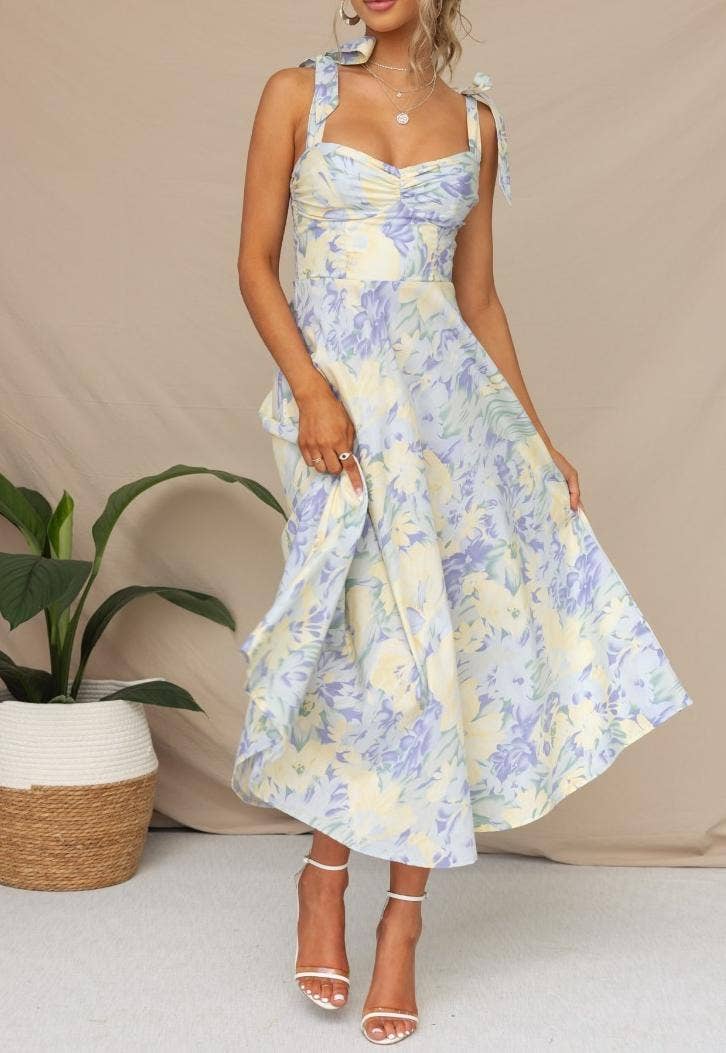 Pastel Floral Sweetheart Midi Dress