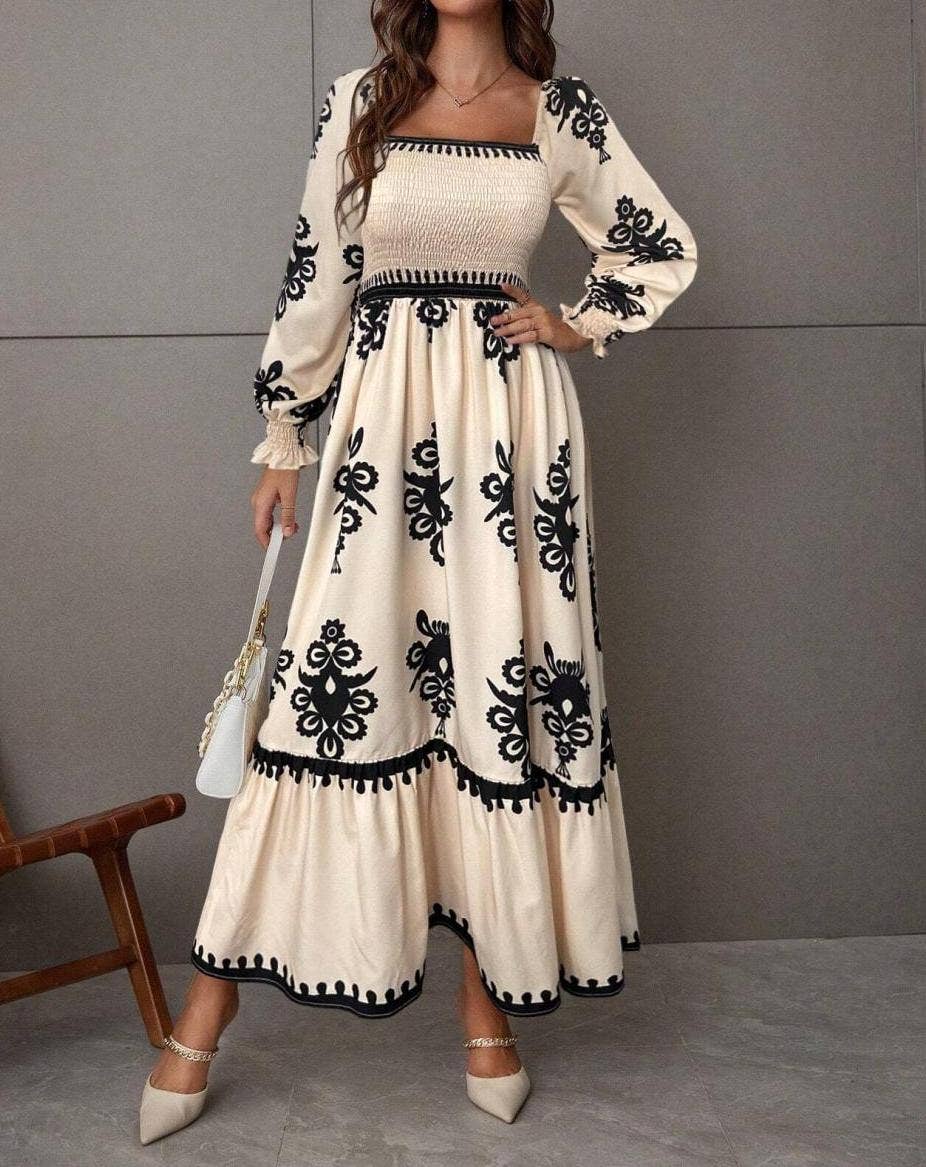 Smocked Bodice Square Neck Floral Print Maxi Dress