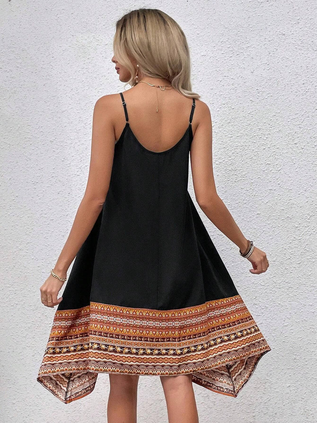 Spaghetti Strap A Line Midi Dress with Printed Border Hem