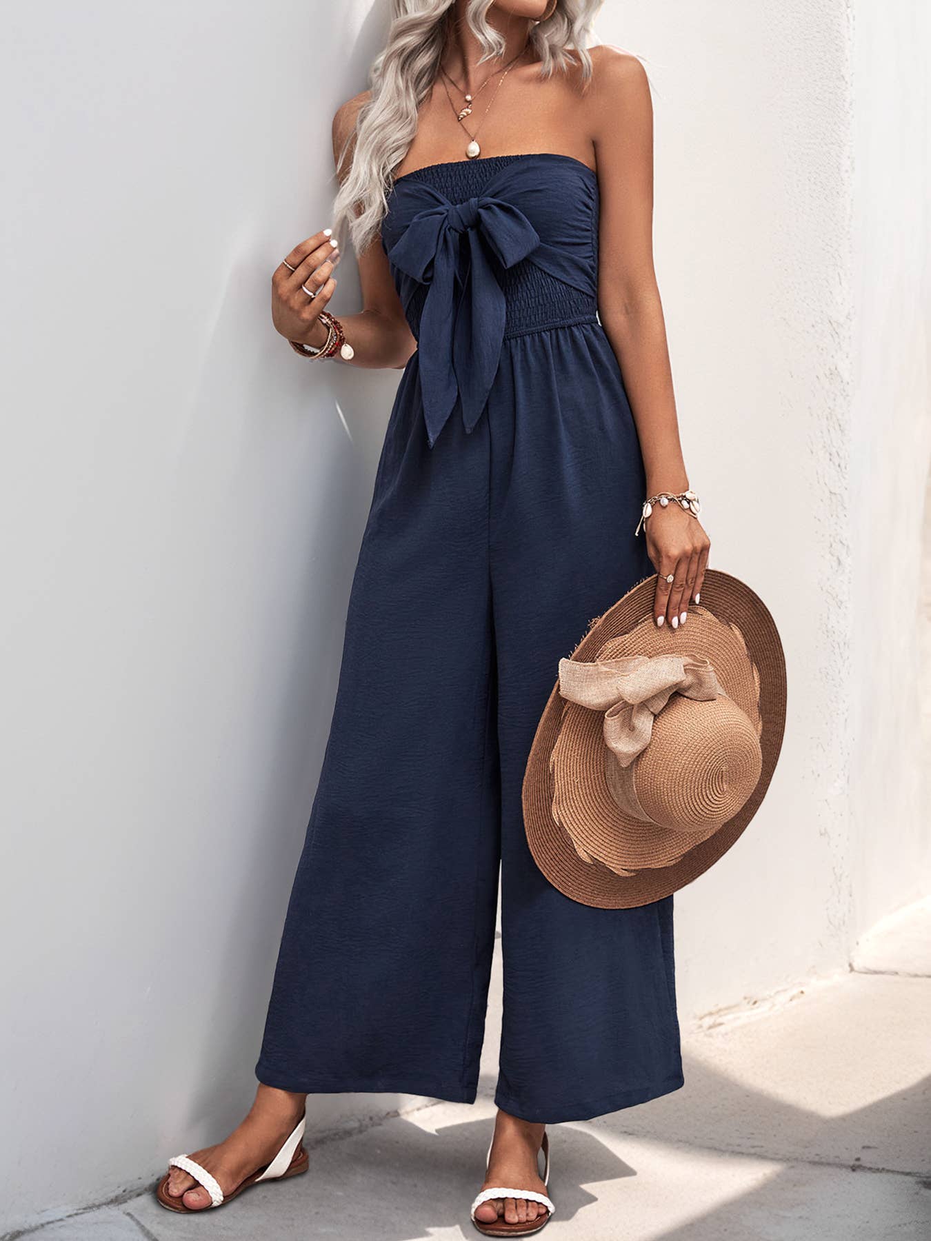 Strapless Smocked Bow Front Wide Leg Jumpsuit