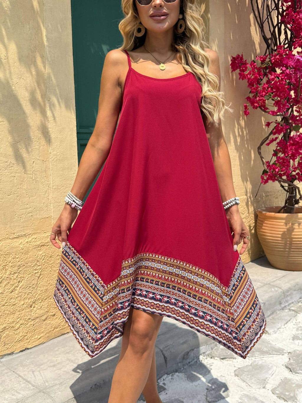 Spaghetti Strap A Line Midi Dress with Printed Border Hem
