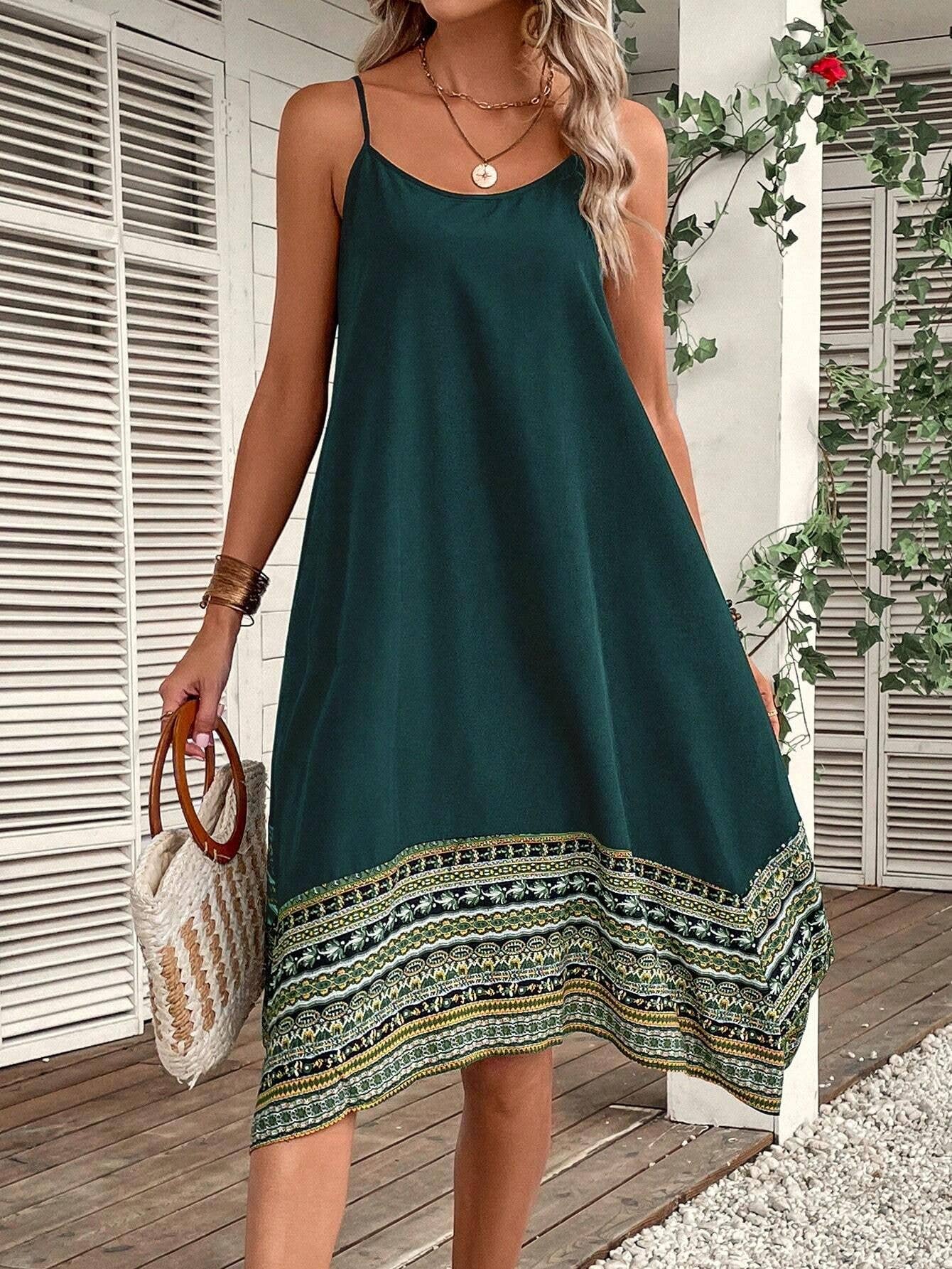 Spaghetti Strap A Line Midi Dress with Printed Border Hem