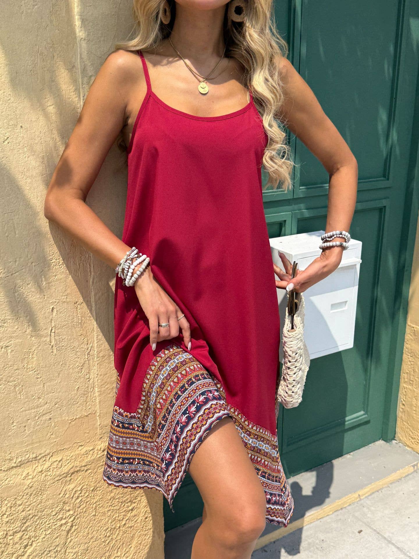 Spaghetti Strap A Line Midi Dress with Printed Border Hem