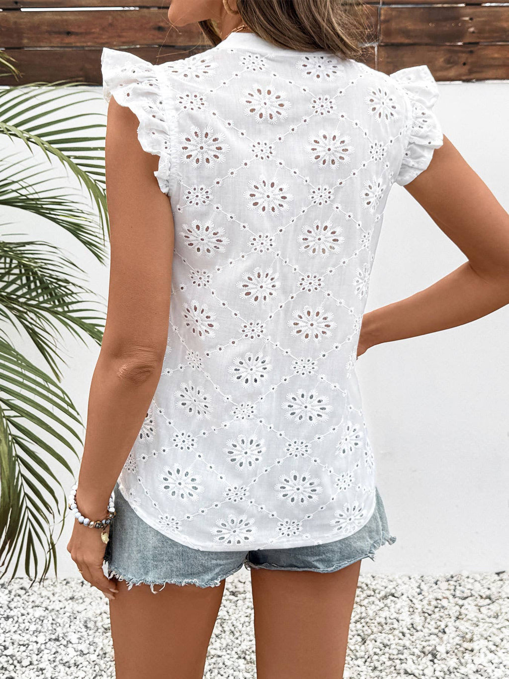 Eyelet Ruffle Sleeve Button Blouse