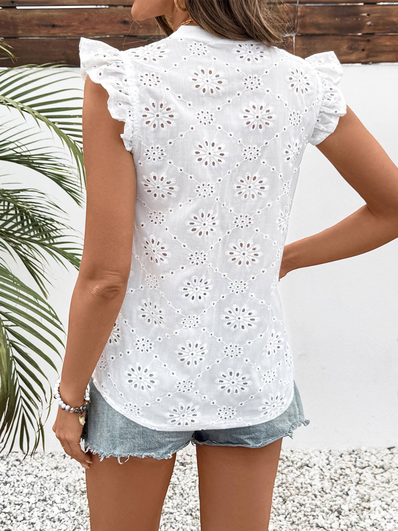Eyelet Ruffle Sleeve Button Blouse