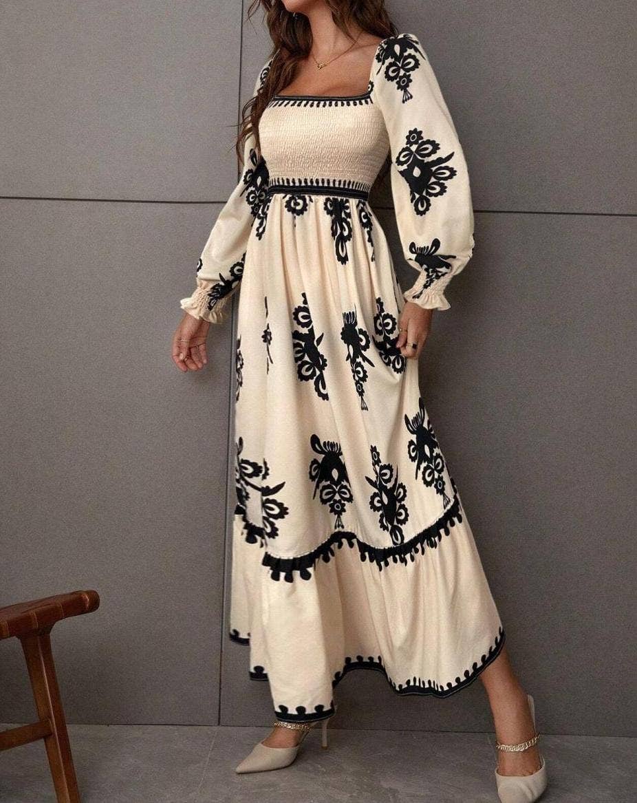 Smocked Bodice Square Neck Floral Print Maxi Dress