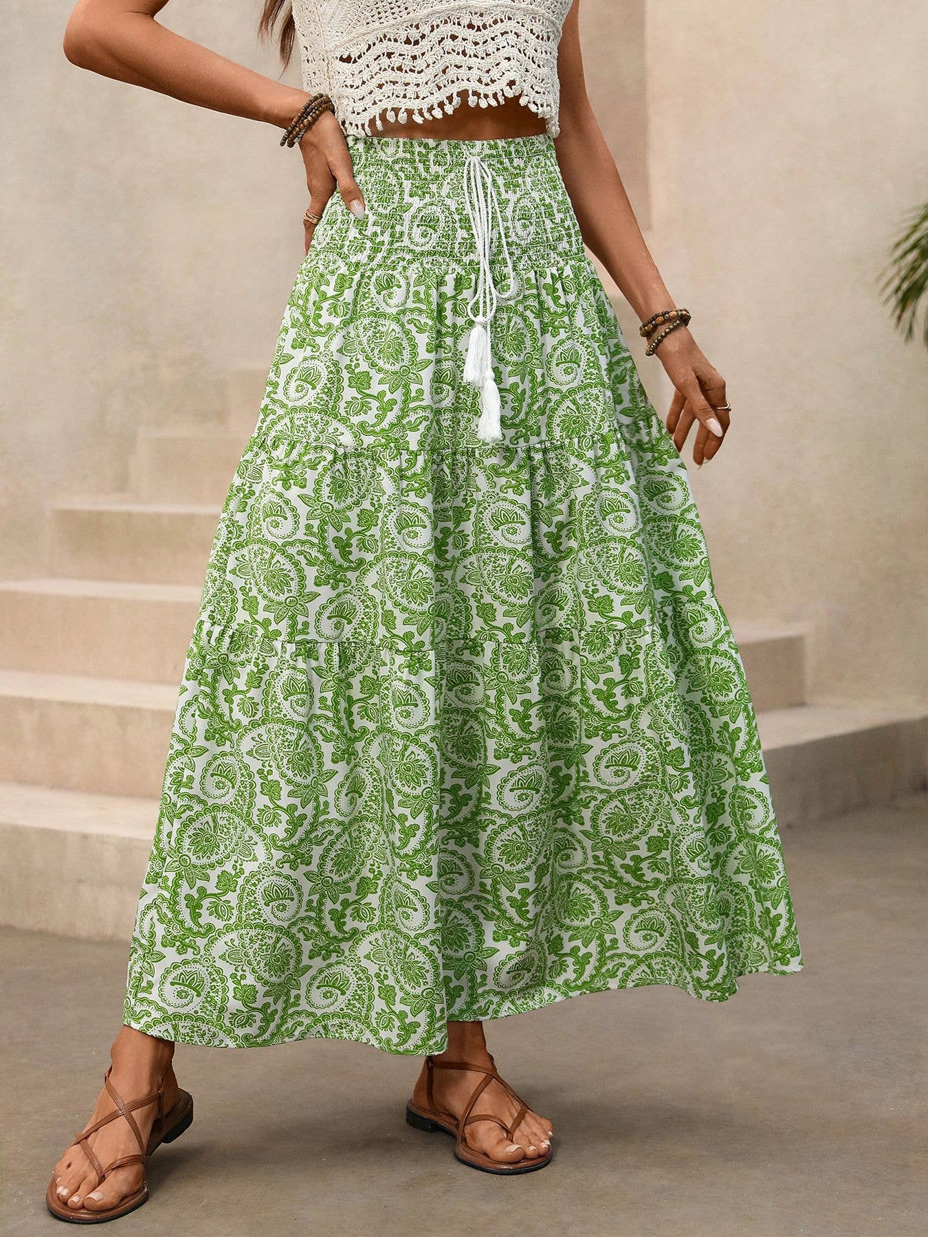 Paisley Print Smocked Waist Maxi Skirt