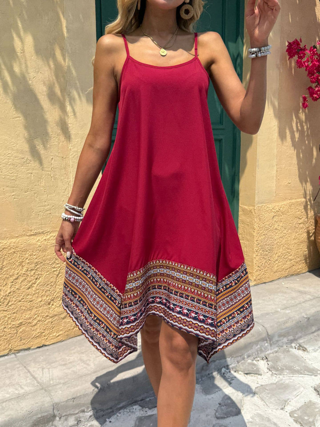 Spaghetti Strap A Line Midi Dress with Printed Border Hem
