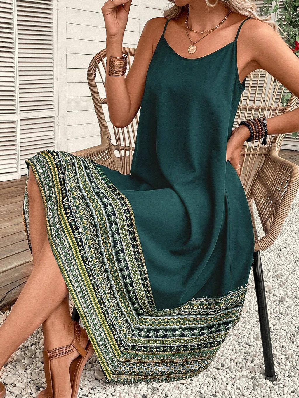 Spaghetti Strap A Line Midi Dress with Printed Border Hem